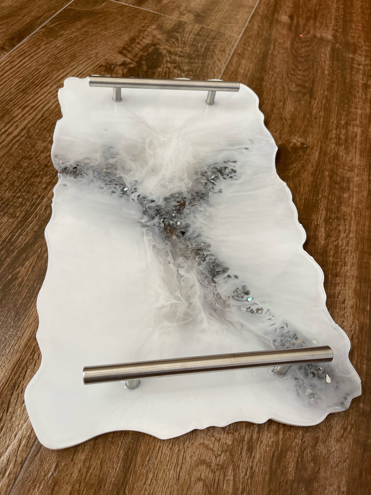 White Gray Large Rectangle Vanity Tray Silver Bar Handles